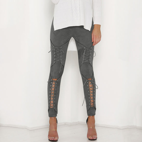 2018 New Suede Leather Sexy Bandage Legging Lace-Up Women's Pants（Buy 2 Got 5% off, 3 Got 10% off Now）