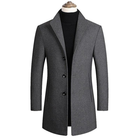 Classic Men's Wool Coat Casual Windbreaker Long Slim Fit Trench Coat