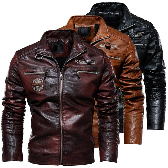 Leather Jacket Men Winter Fleece Motorcycle Stand Collar Casual Windbreaker