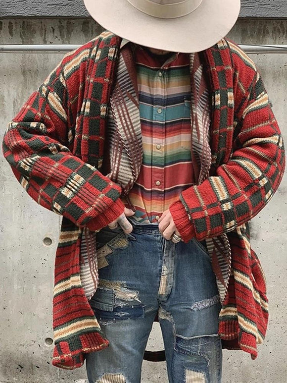 Men Long Sleeve Midi Sweater Coat Plaid Print Winter and Autumn Casual Cardigans